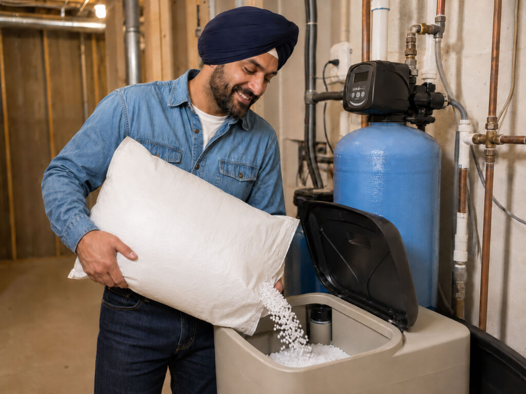 Association One home maintenance technician filling water softener with salt