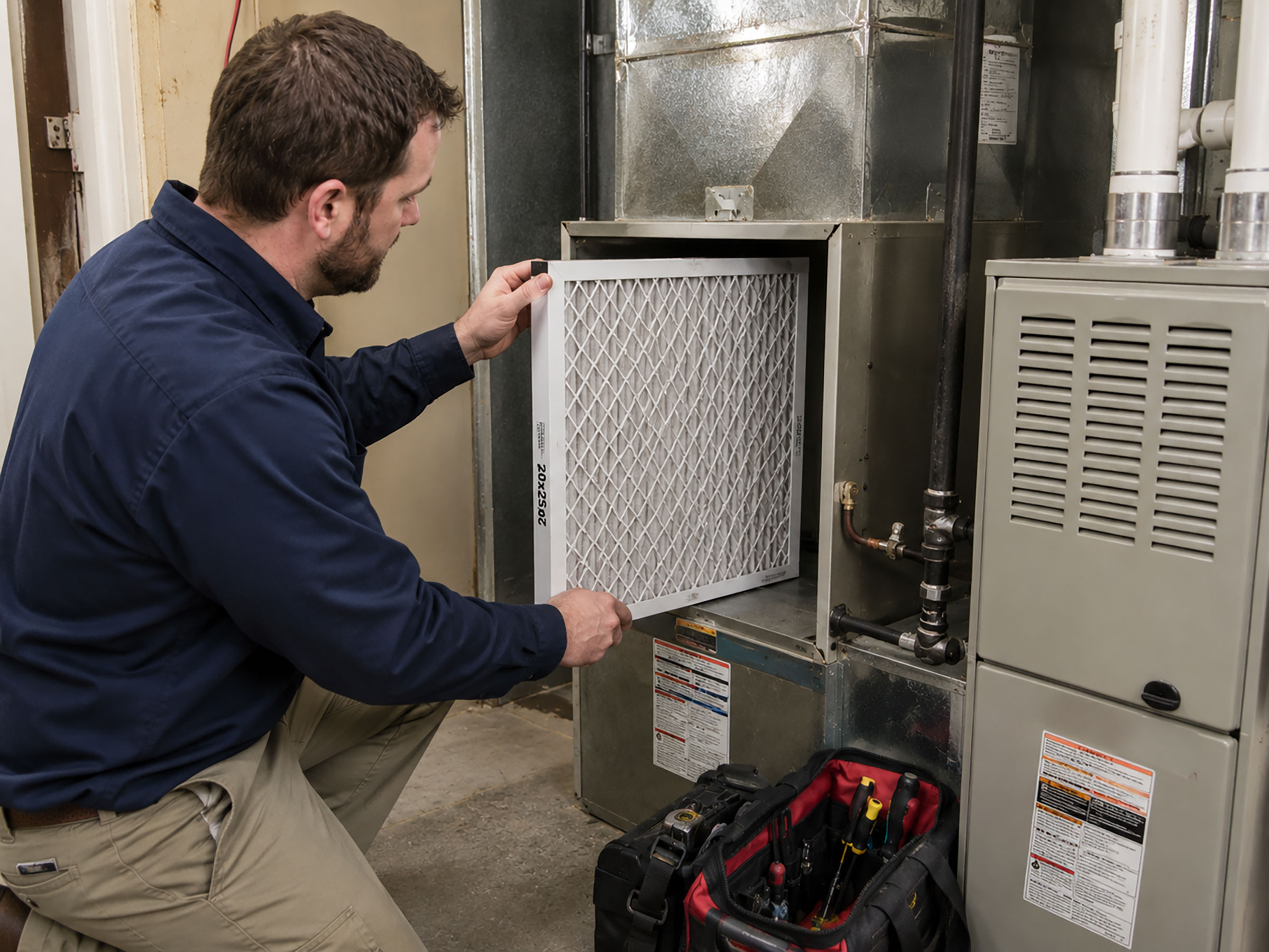 Utility Room Home Maintenance Service - changing out the furnace filter.